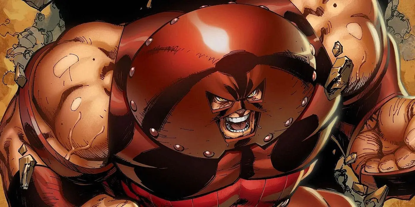 Juggernaut charging in his riveted crimson helmet and armor