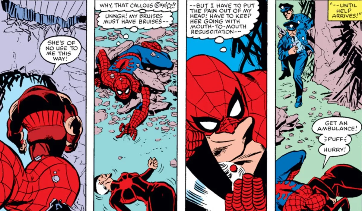 Comic panels from the 1982 story showing the Juggernaut walking away, Spider-Man battered on the ground, and the injured clairvoyant receiving help