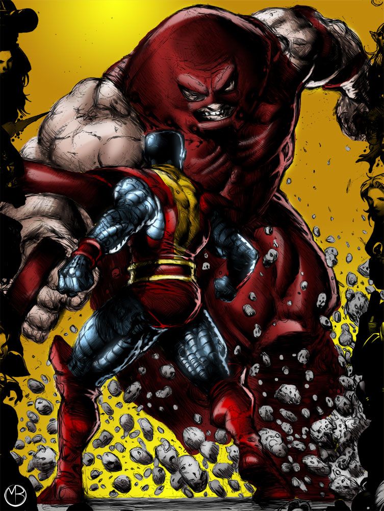 Juggernaut towering over Colossus in battle