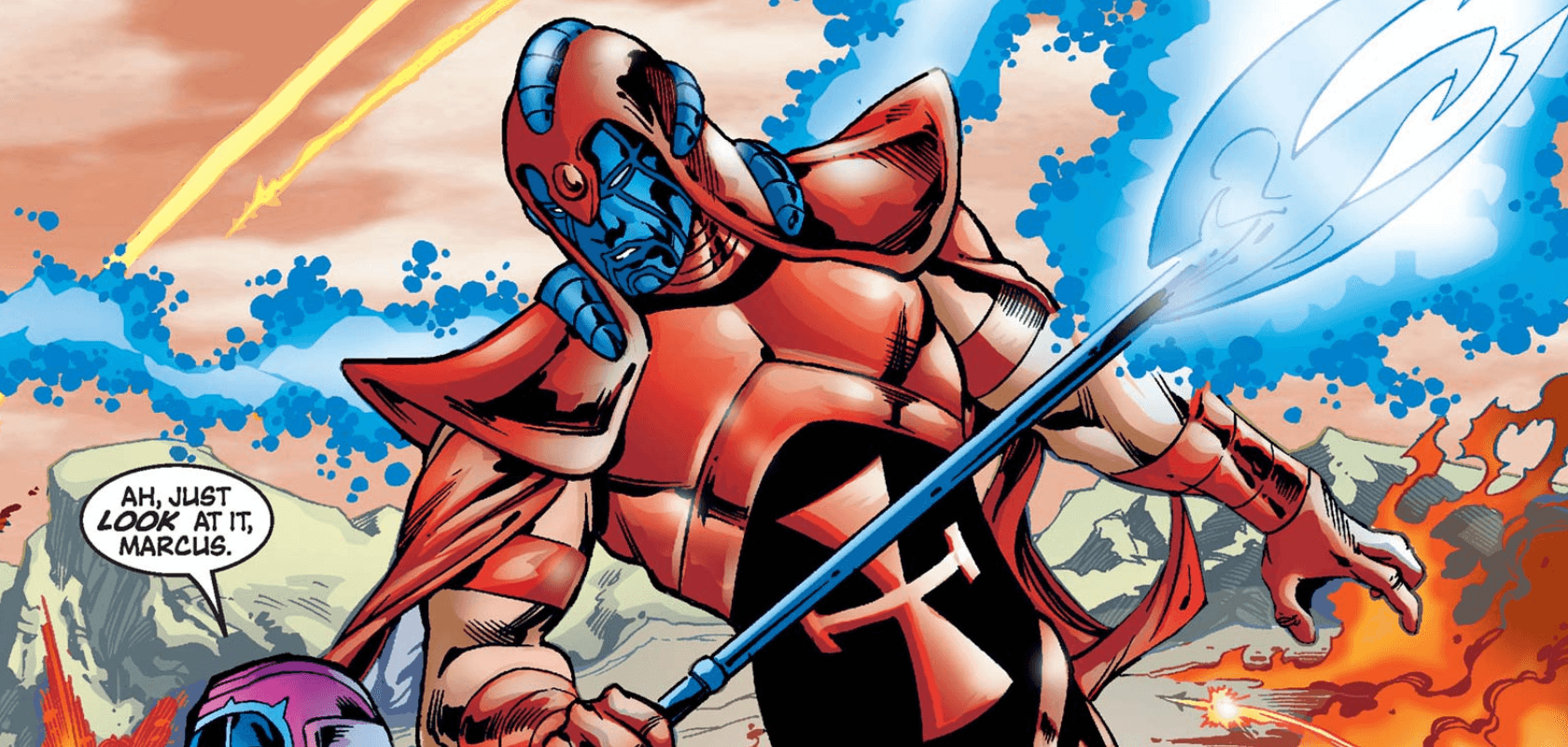 Marcus Kang as the Scarlet Centurion, wielding his energy halberd