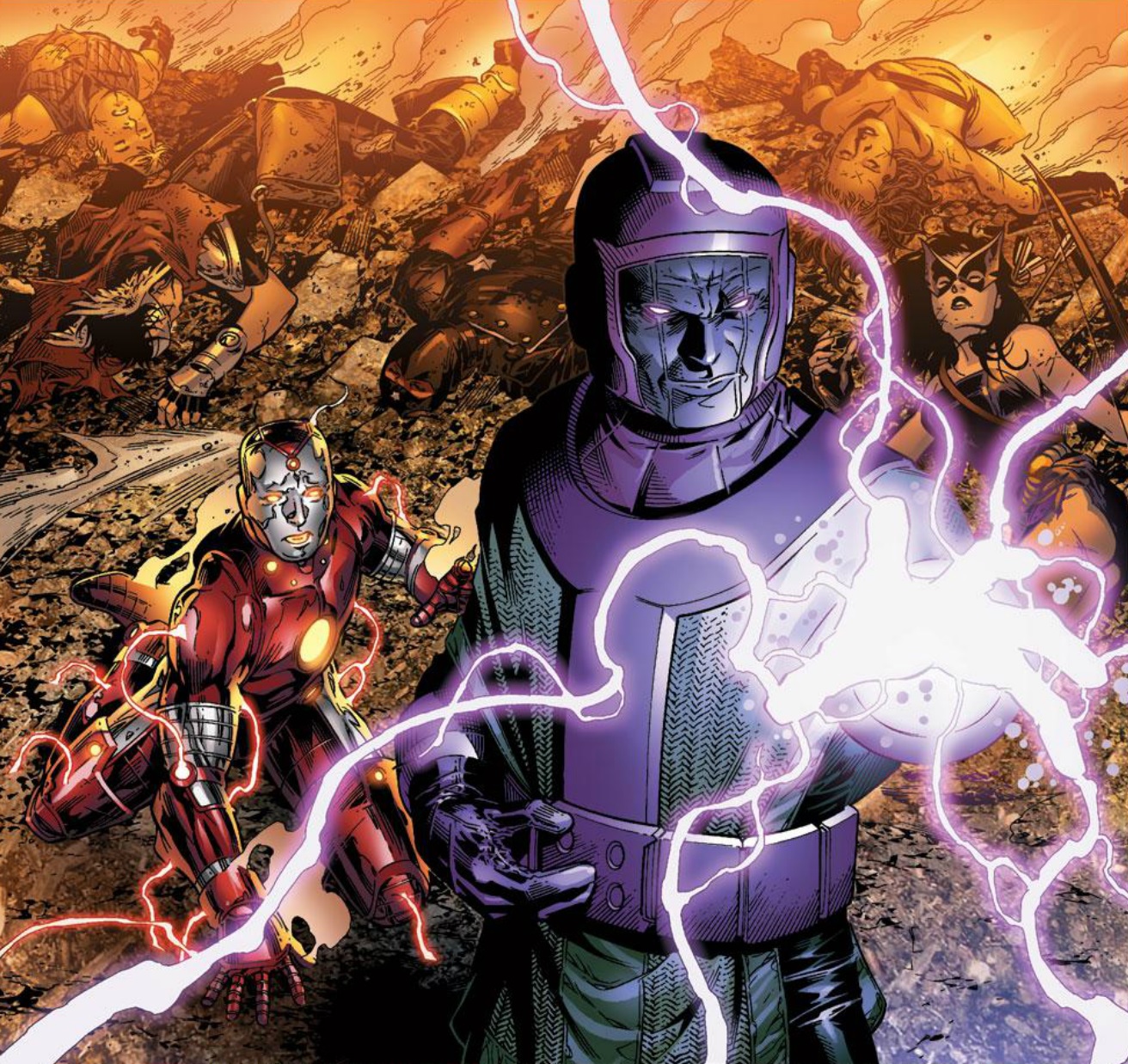 Kang confronting Iron Lad amid a battlefield