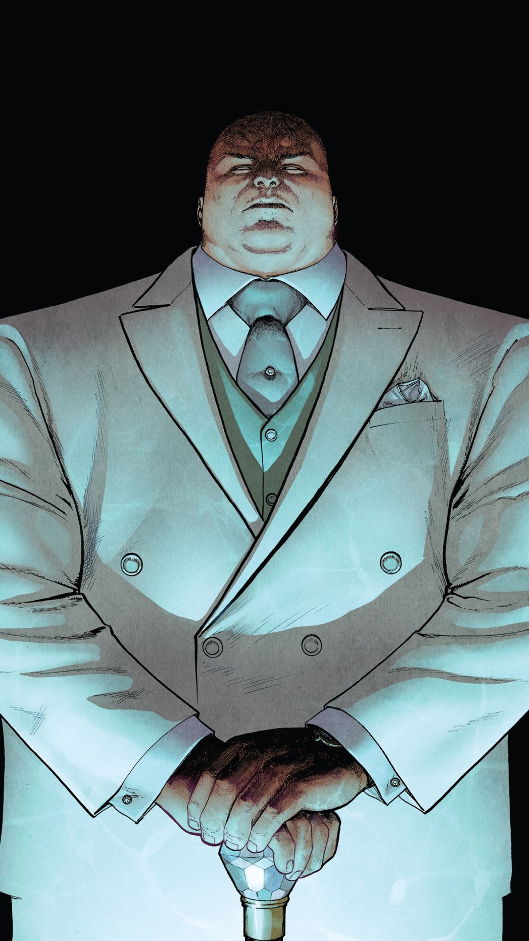 Kingpin in his white suit, leaning on his diamond-topped cane