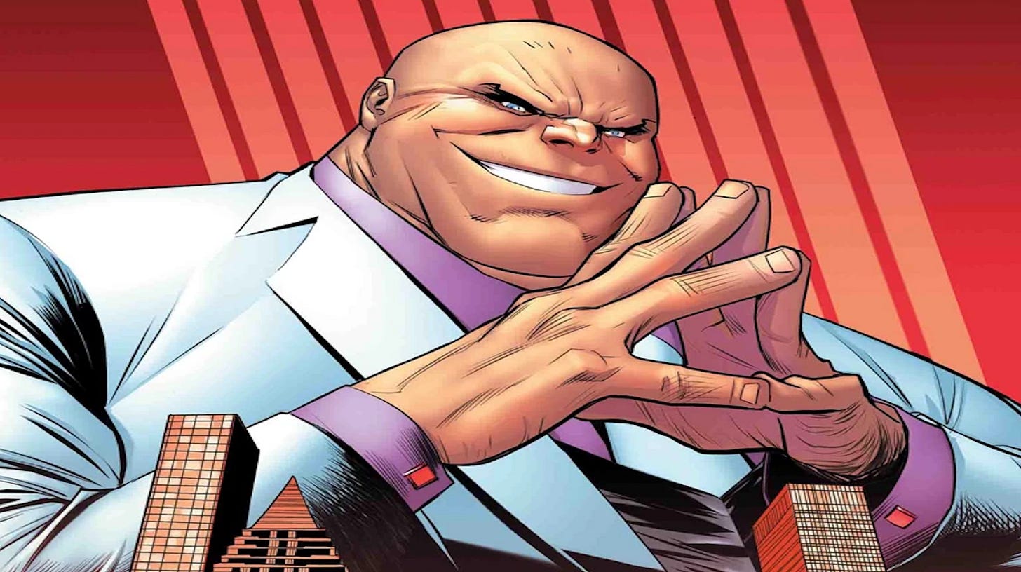 Kingpin grinning in his white suit, fingers steepled above the New York skyline