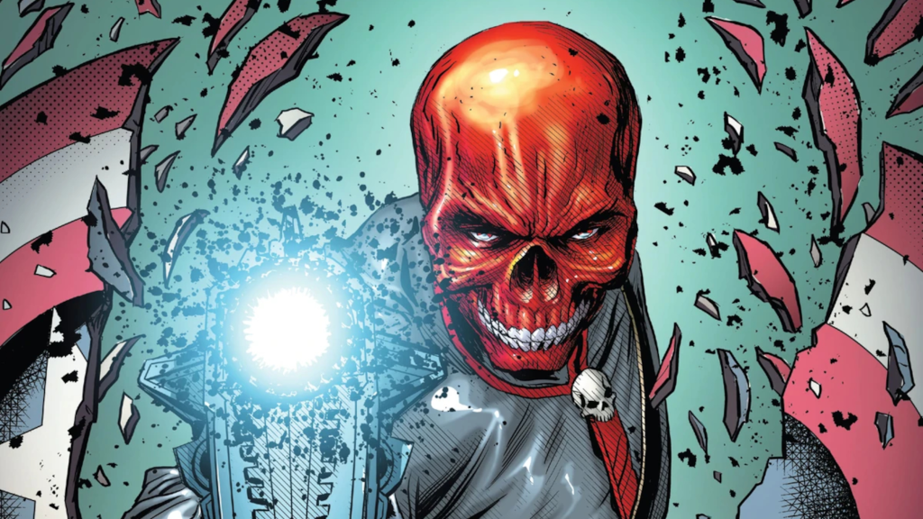 The Red Skull with his glowing weapon amid shattered fragments of a shield