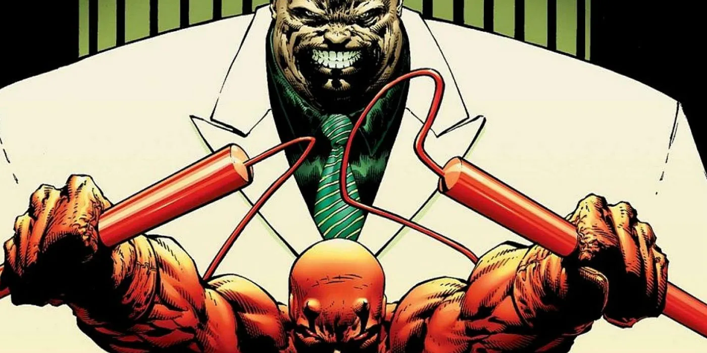 Kingpin grinning behind Daredevil's billy clubs