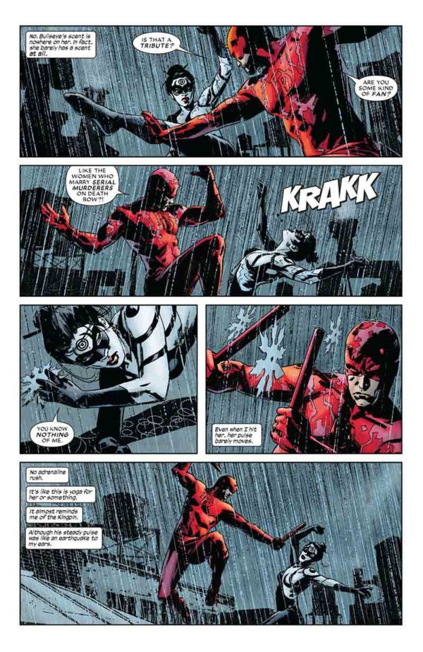 Lady Bullseye fighting Daredevil in the rain comic page
