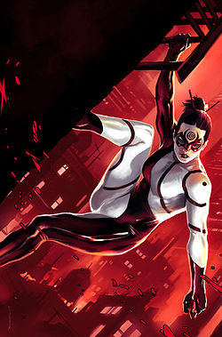 Lady Bullseye leaping across a rooftop comic art