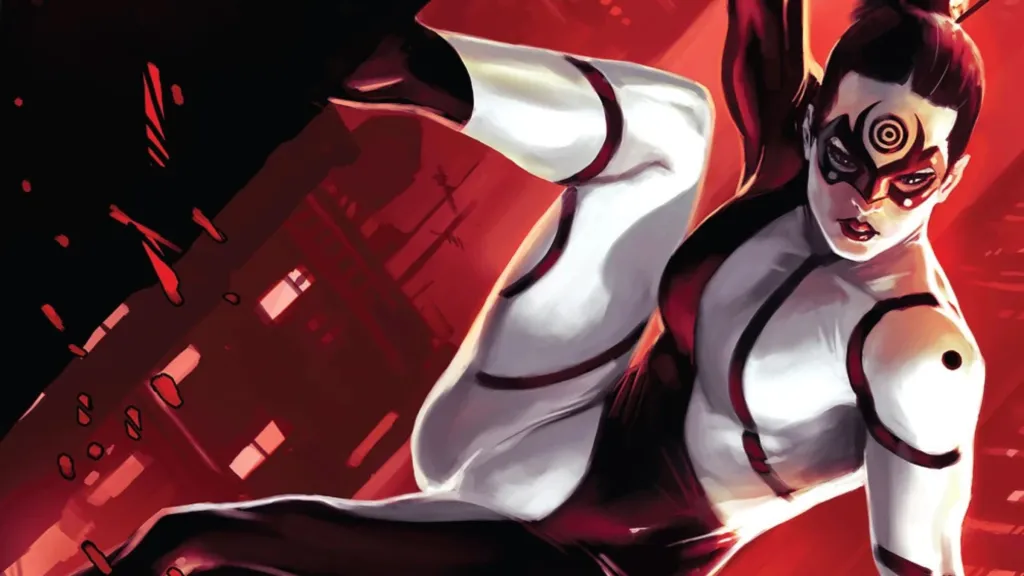 Lady Bullseye in her white and black costume comic art