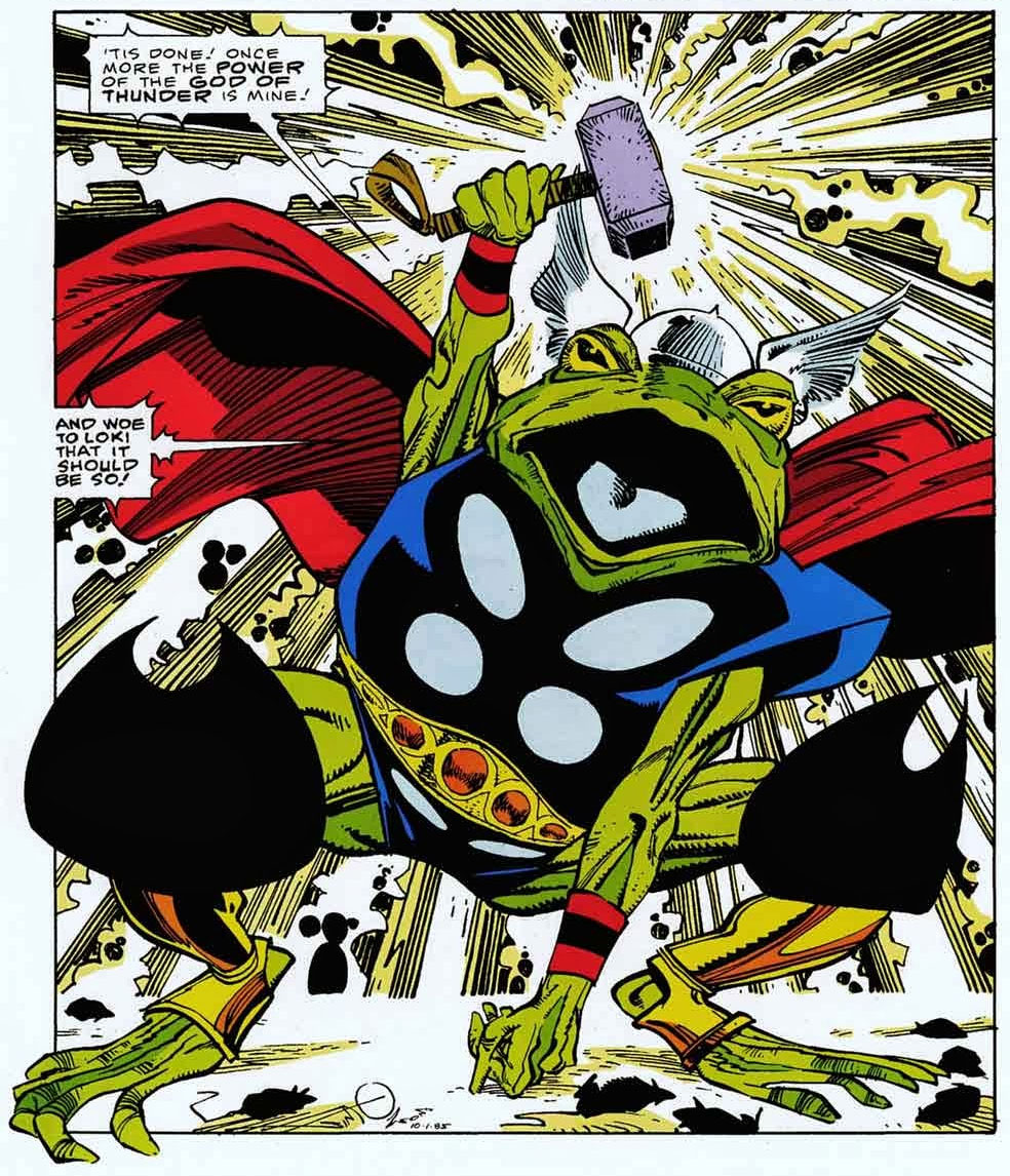 Thor turned into a frog holding Mjolnir original comic panel