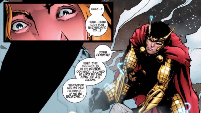 Loki kneeling with Mjolnir comic panel