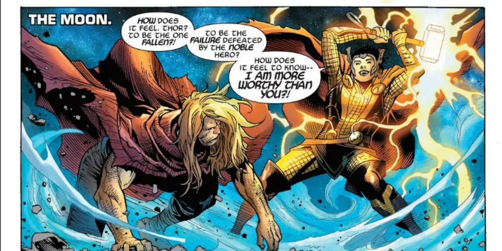 Loki raising Mjolnir crackling with lightning over Thor on the Moon comic panel