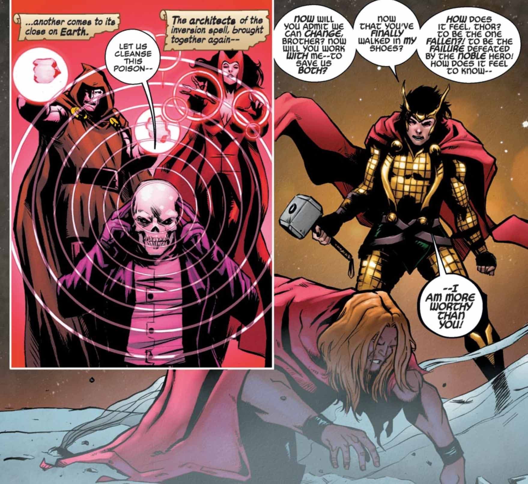 Loki holding Mjolnir over a fallen Thor comic panel