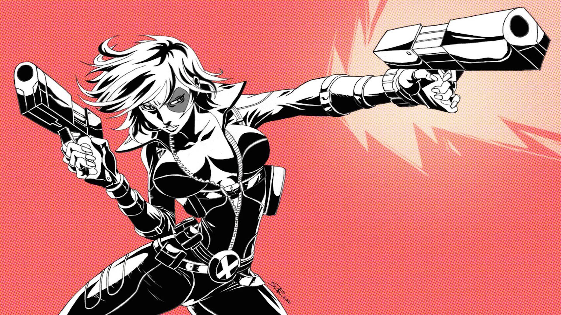 Domino aiming two pistols comic art