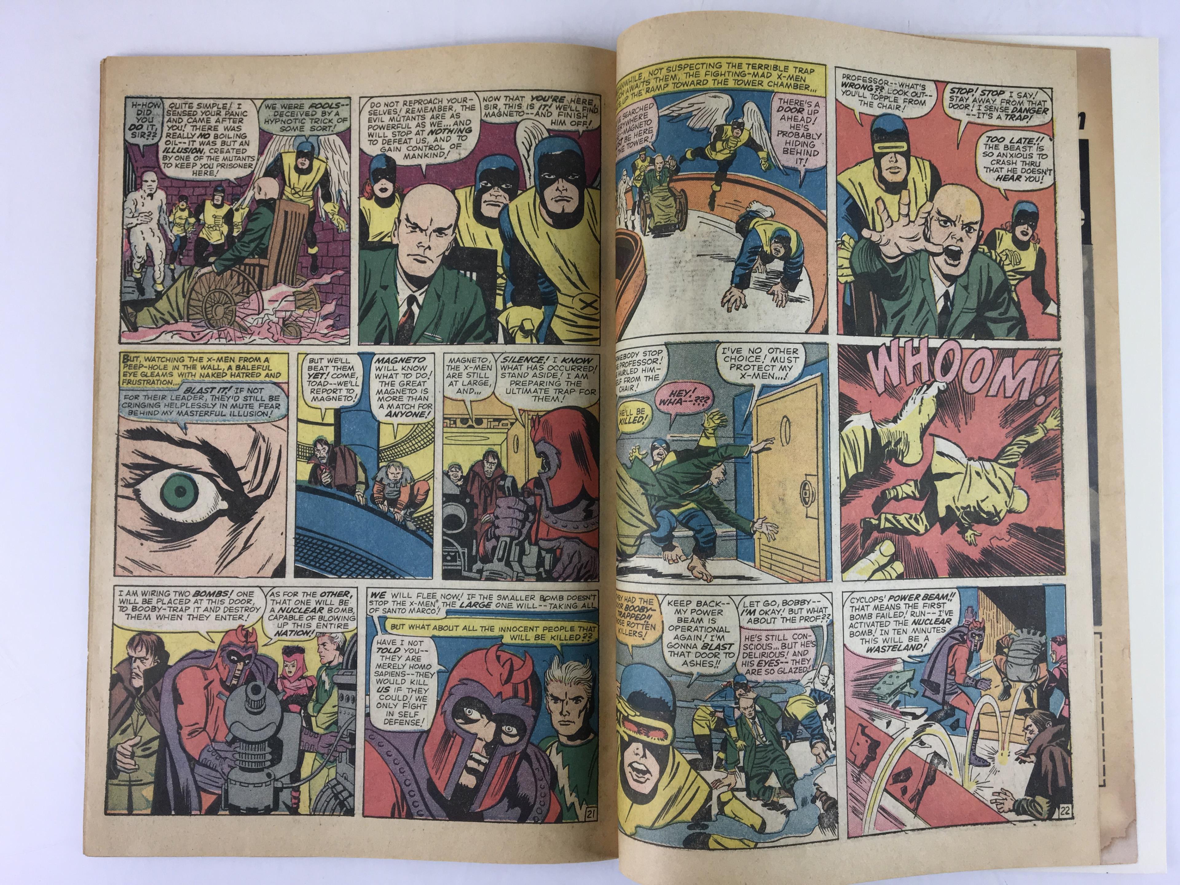 Interior pages 21-22 of X-Men #4 (1964): Magneto wiring bombs, dialogue about blowing up the entire nation of Santo Marco