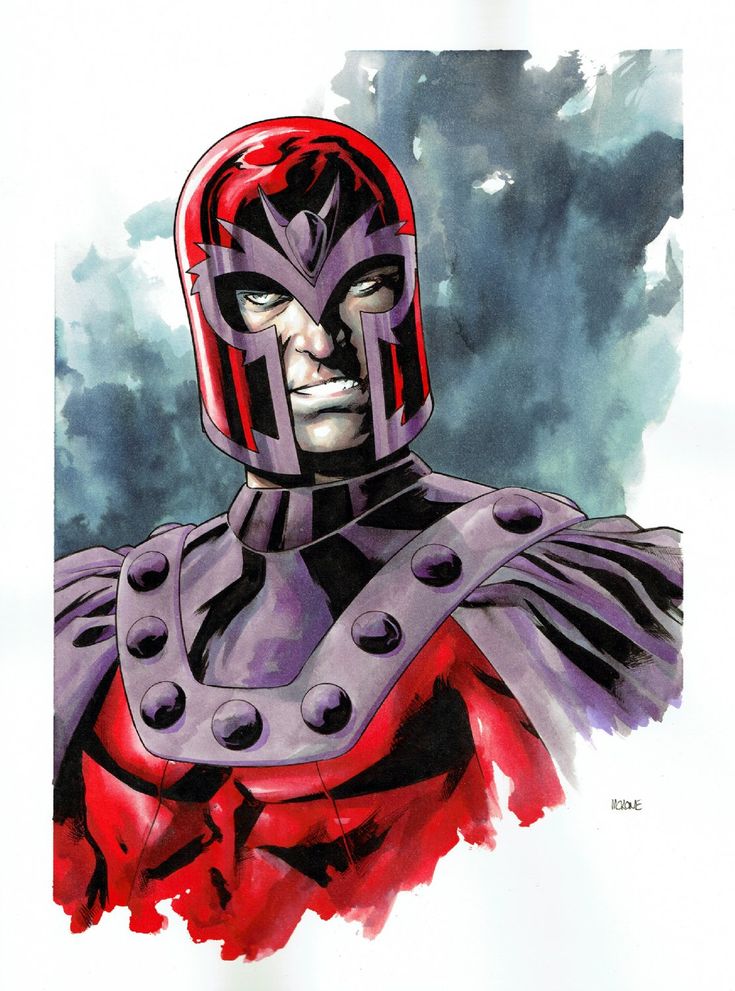 Magneto comic art: the Master of Magnetism in helmet and cape
