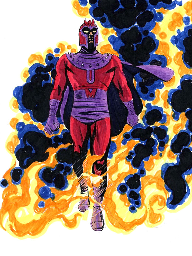 Magneto comic art surrounded by flames