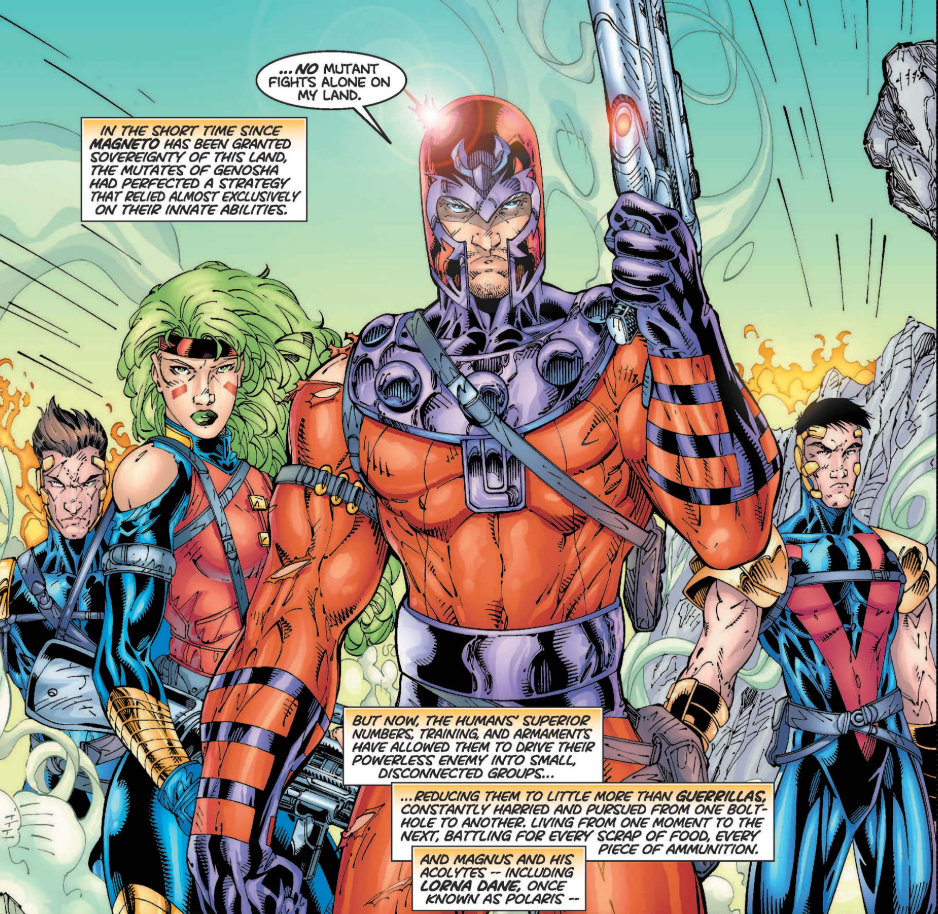 Magneto leading Genoshan forces, with Polaris beside him