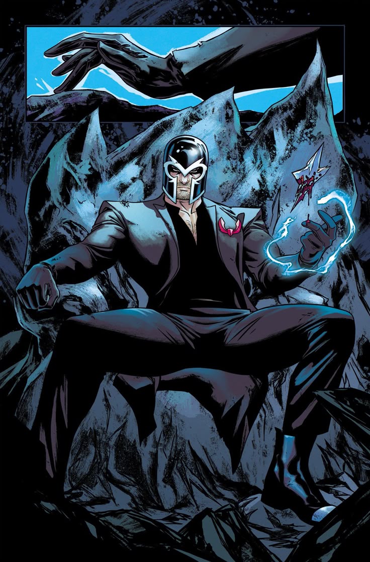 Magneto seated in a suit, holding a bloodied blade