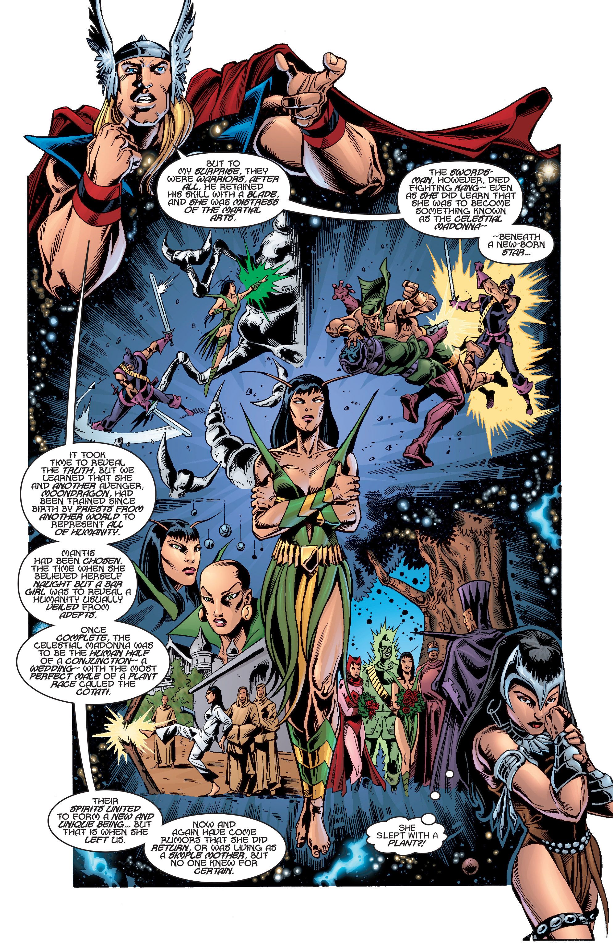 Comic page retelling the Celestial Madonna saga: Mantis center, Swordsman battling Kang, the Cotati wedding below
