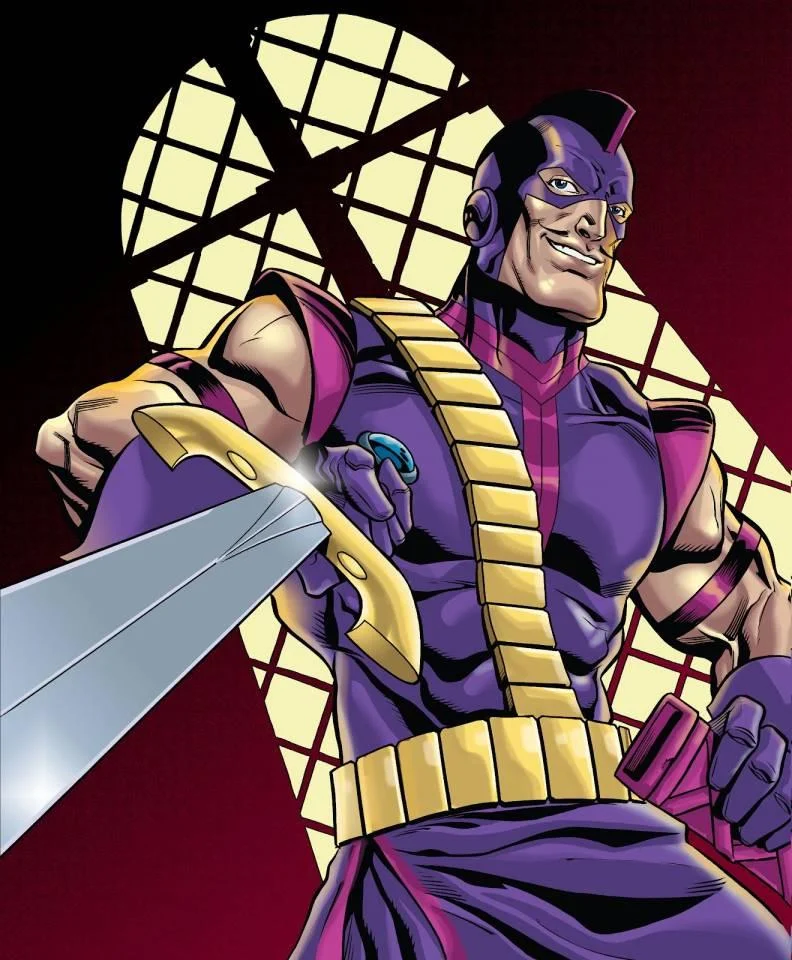 The Swordsman, Jacques Duquesne, in his purple costume with his sword