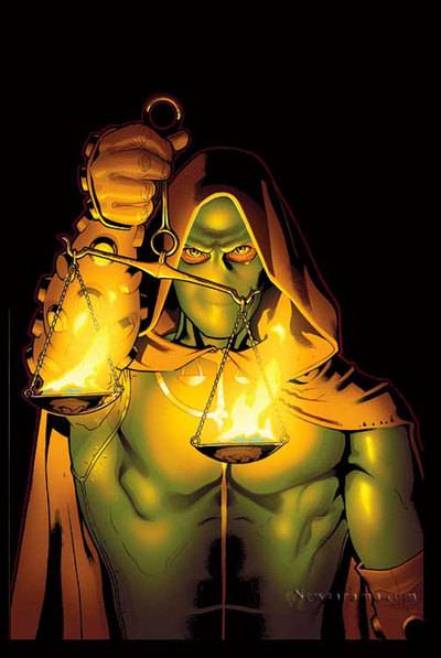 Libra of the Zodiac, hooded, holding his burning scales