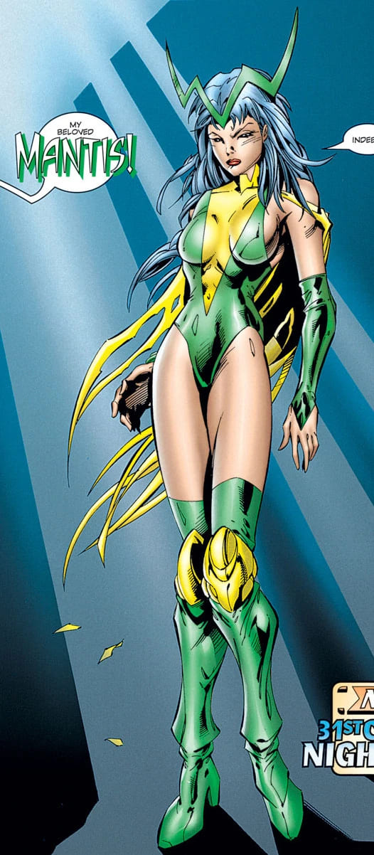 Mantis in green and gold, antennae raised
