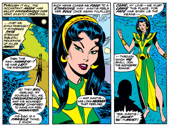 Classic comic panels of Mantis in her Avengers-era costume