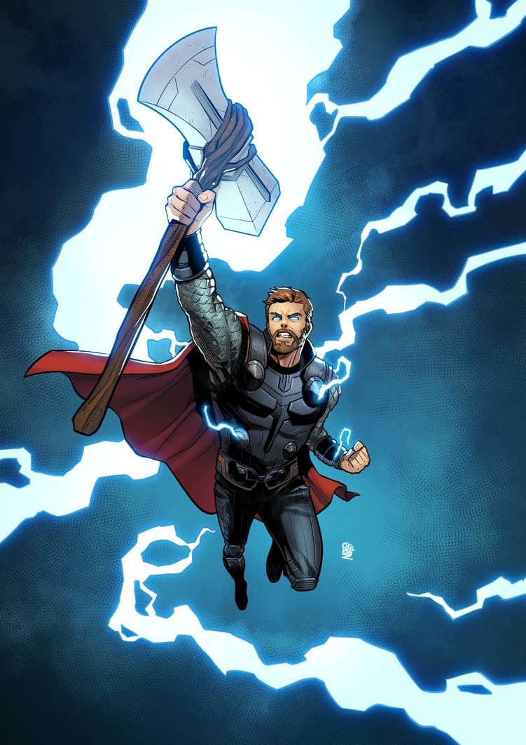Thor raising his axe amid lightning comic art