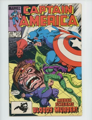 Captain America #313 cover (January 1986): 'MODOK SCREAMS BLOODY MURDER!' with Captain America battling the Serpent Society around a screaming M.O.D.O.K.