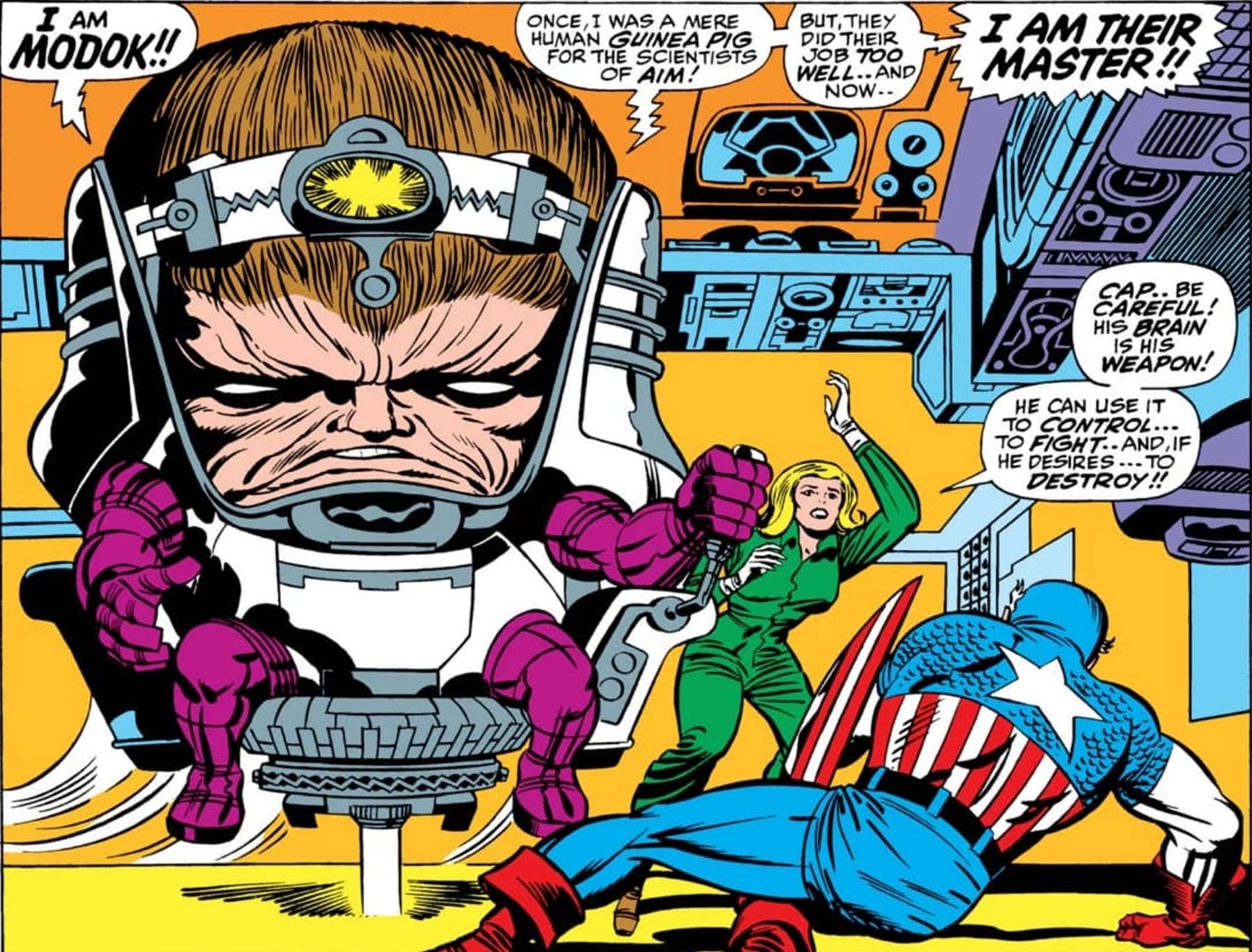 Interior page from Tales of Suspense #94 (1967) by Jack Kirby: M.O.D.O.K. in his Doomsday Chair declaring 'Once, I was a mere human guinea pig for the scientists of AIM!... I AM THEIR MASTER!!'