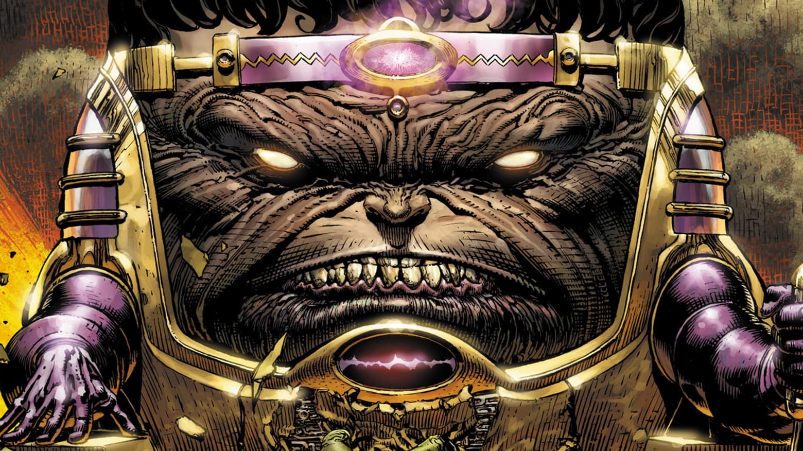 Modern comic art of M.O.D.O.K.: a close-up of his giant head in the gold Doomsday Chair, eyes glowing, headband lit