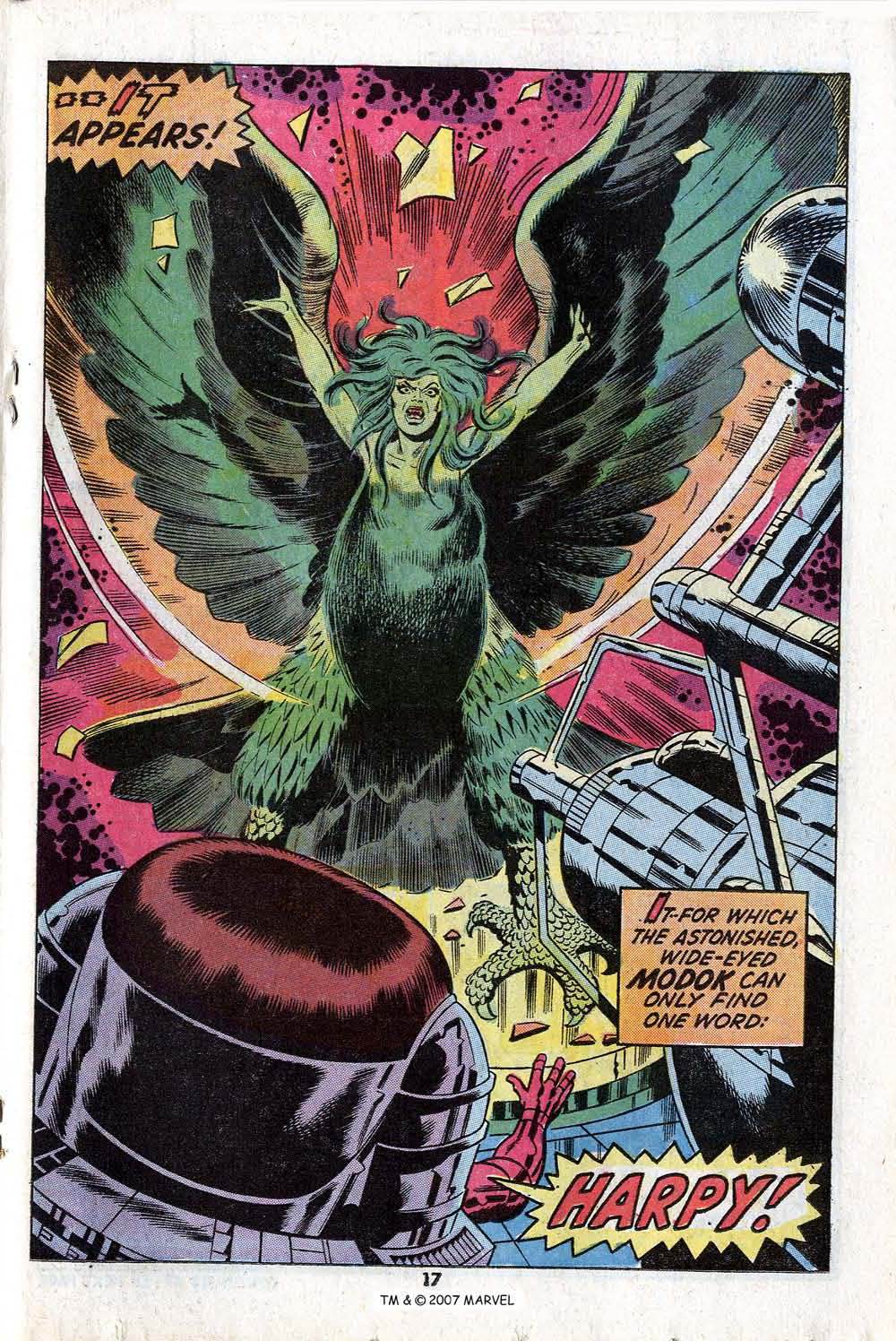 Comic splash page: the Harpy bursts forth as M.O.D.O.K. watches
