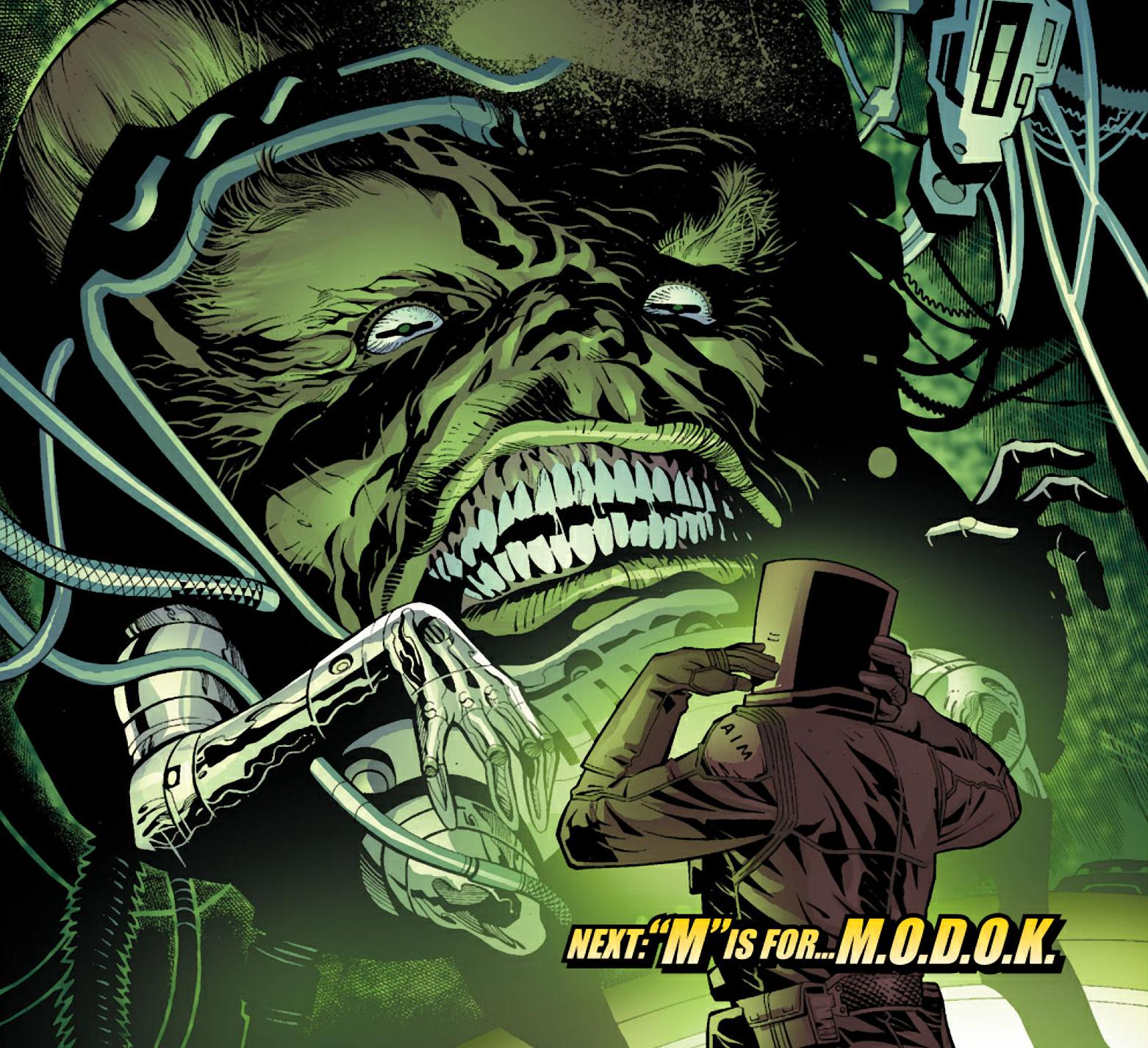 M.O.D.O.K. looming over an A.I.M. technician, comic art