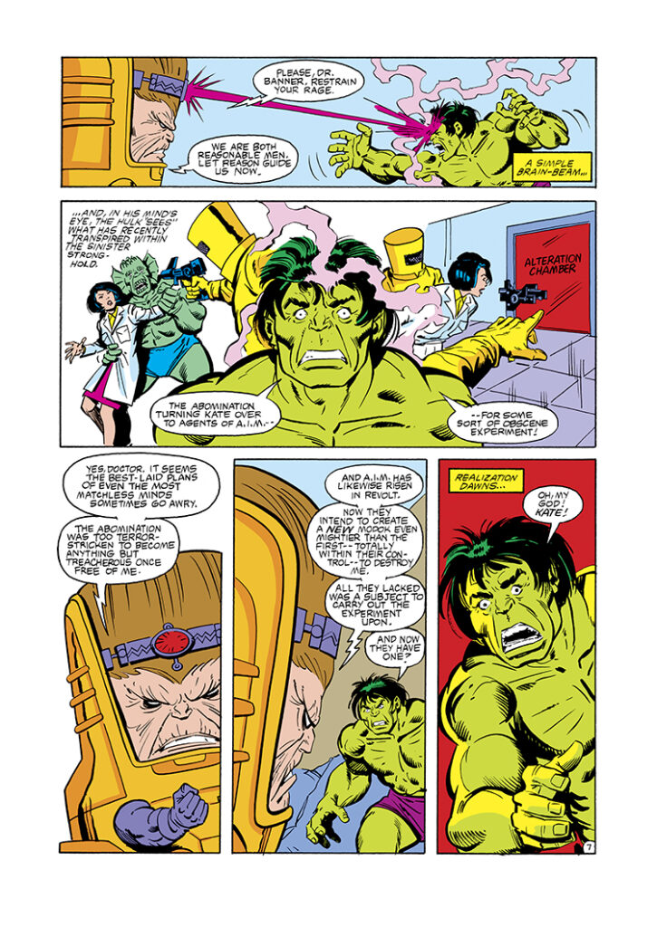 Incredible Hulk #290 original comic page: M.O.D.O.K. faces the Hulk while Kate Waynesboro is taken to the Alteration Chamber