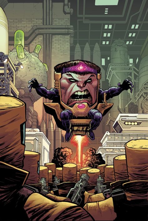 M.O.D.O.K. hovering in his Doomsday Chair above A.I.M. troops in a laboratory