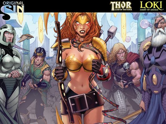 Angela front and center in gold armor, with Thor and Loki behind her