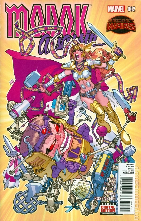 Cover of M.O.D.O.K. Assassin #2: Angela triumphant over a toppled M.O.D.O.K.