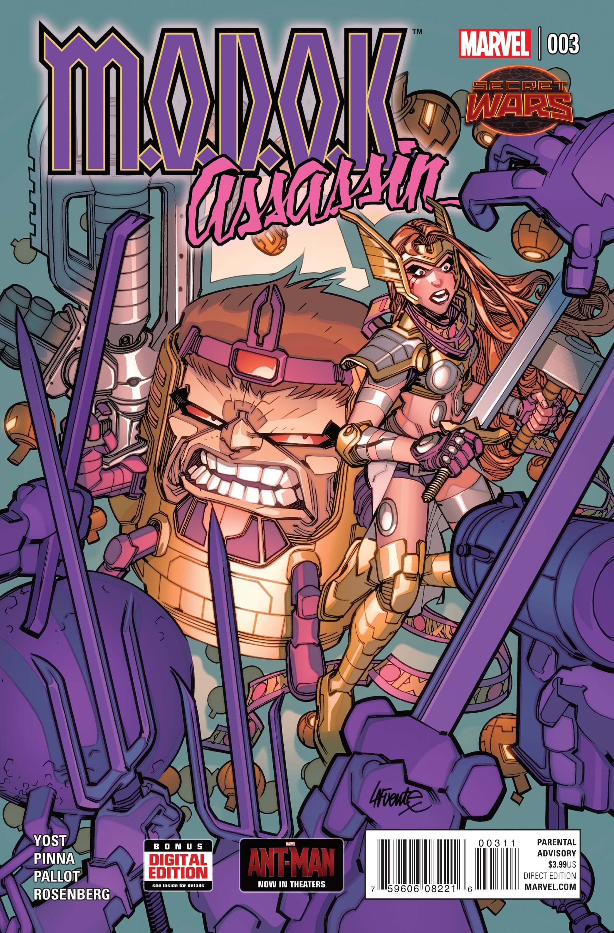 Cover of M.O.D.O.K. Assassin #3: M.O.D.O.K. snarling beside Angela with her sword