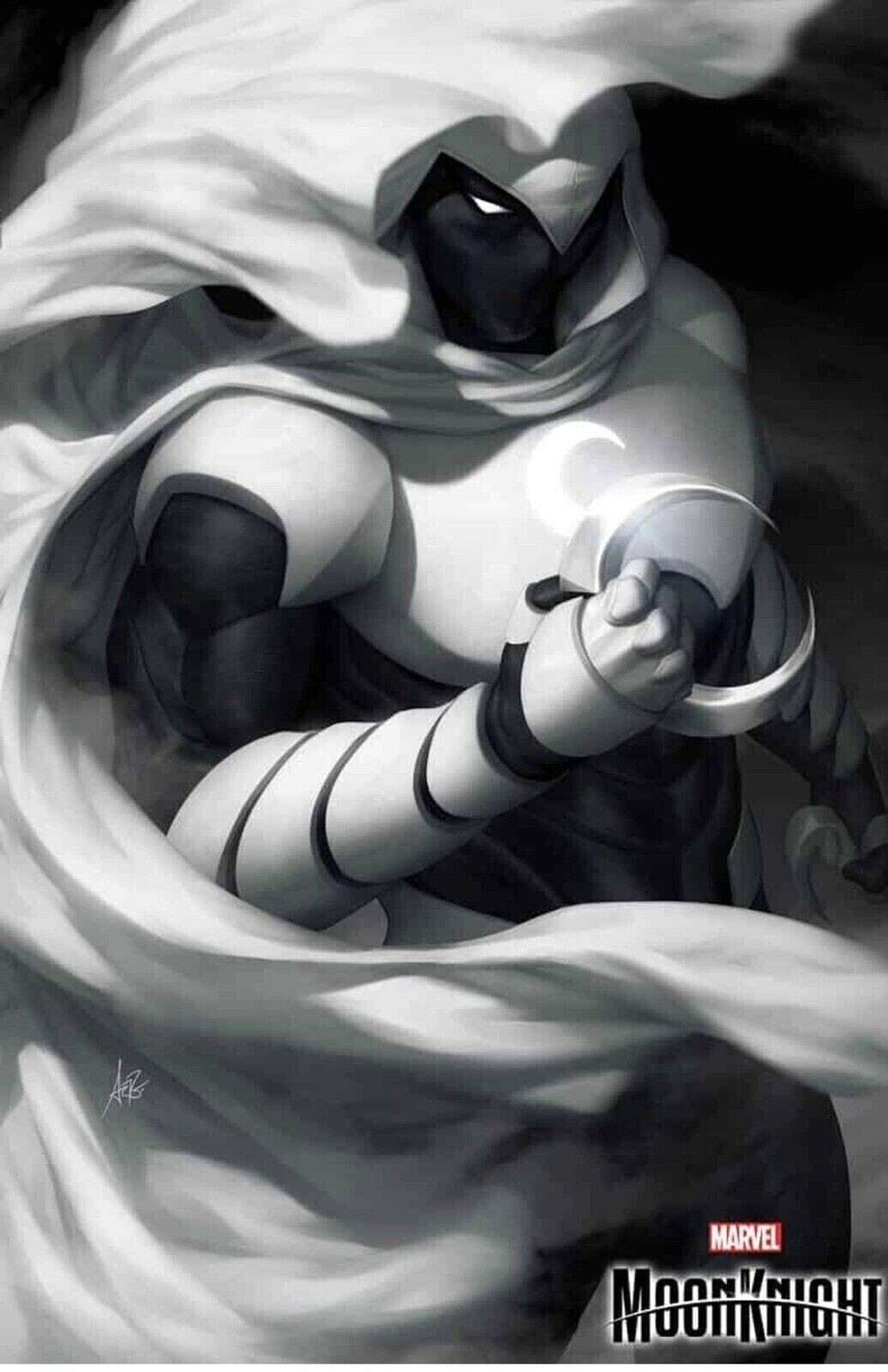 Moon Knight in white, holding a silver crescent dart