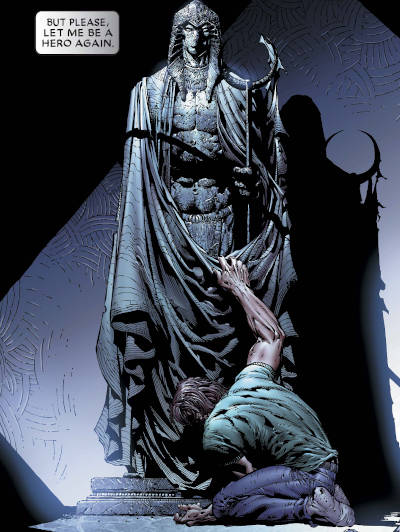 Marc Spector kneeling before a statue of Khonshu comic panel