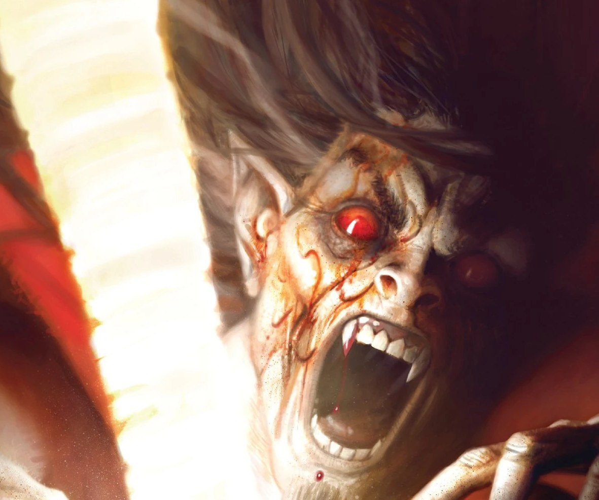 Morbius snarling close-up painted comic art