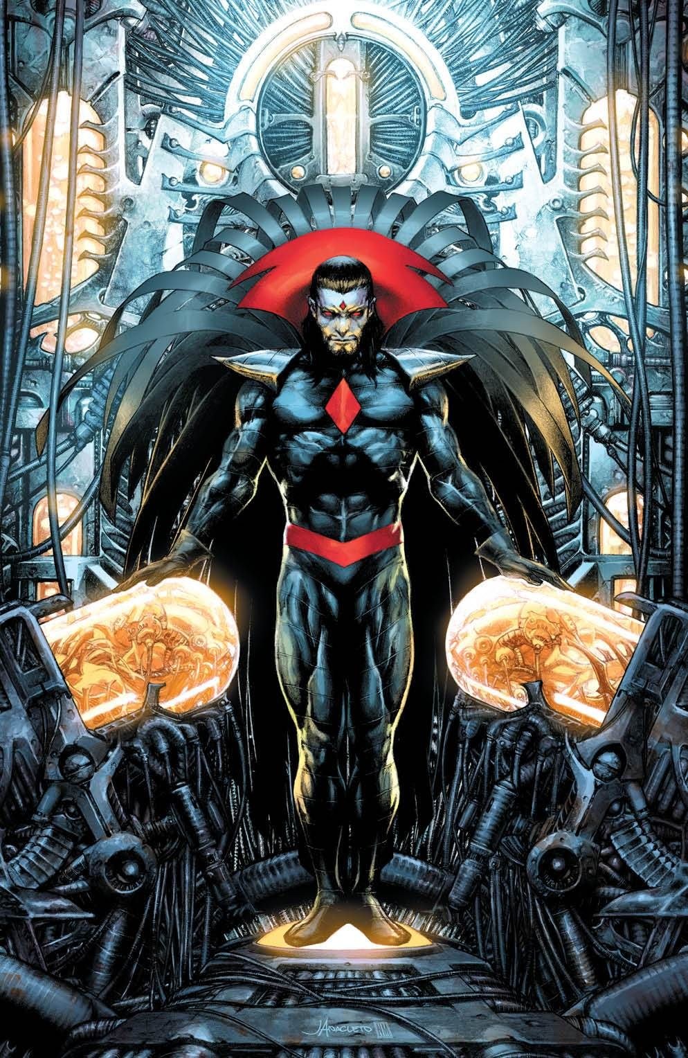 Mr. Sinister standing among his cloning tanks and machinery