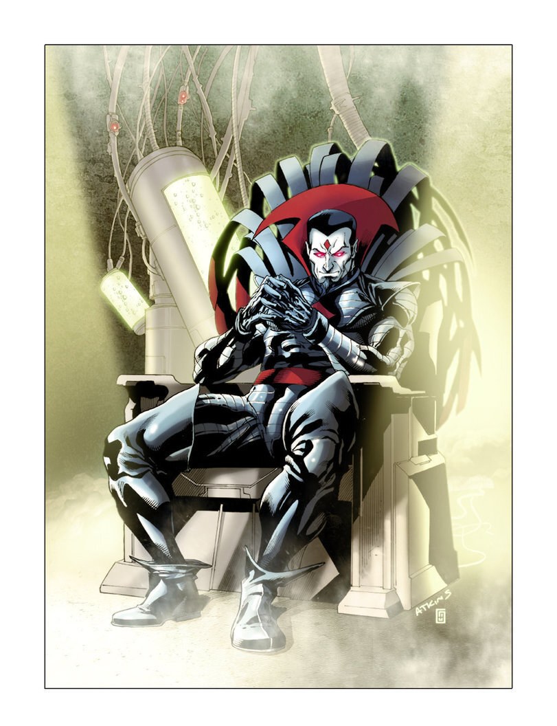 Mr. Sinister seated among his lab equipment