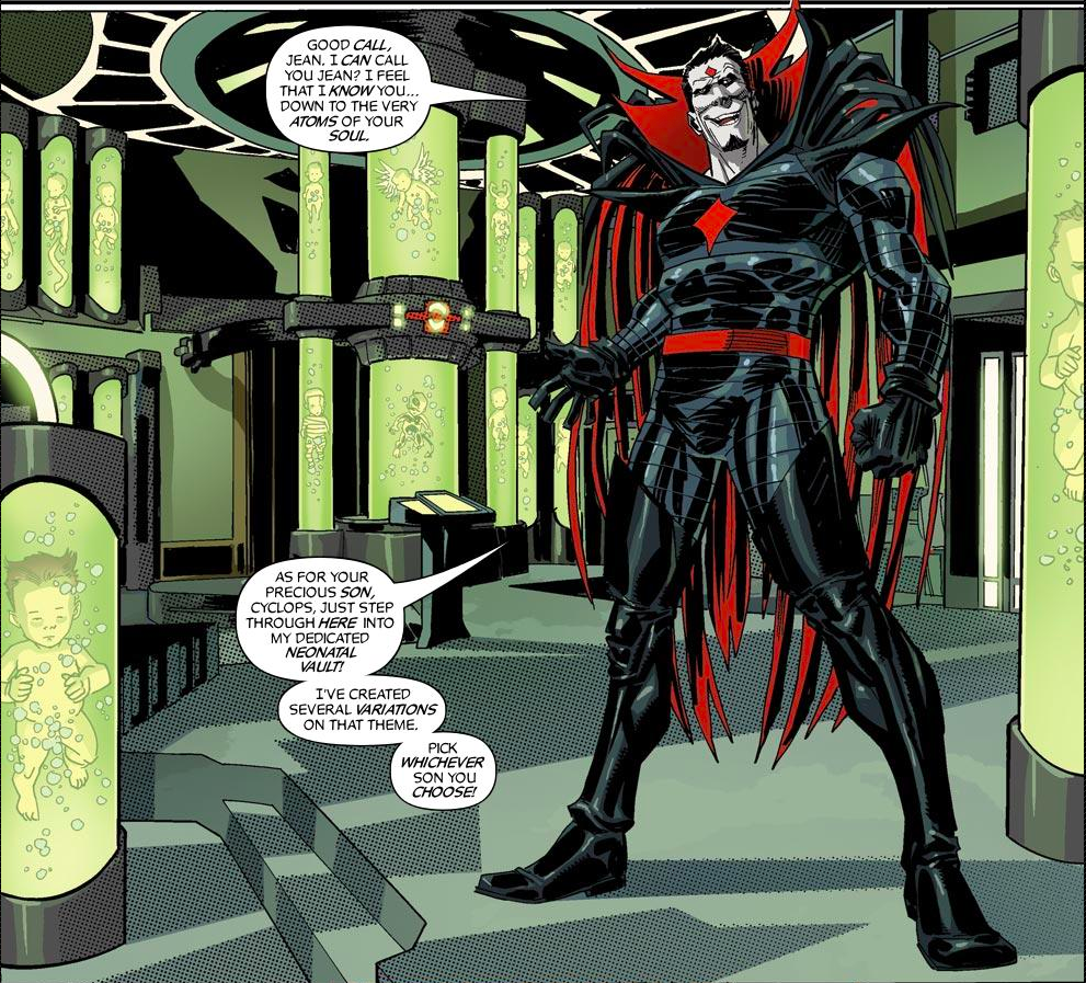 Mr. Sinister standing among cloning vats of infants in his laboratory