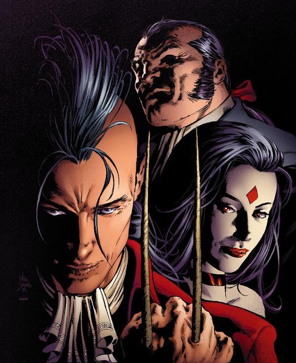 Miss Sinister with the red diamond on her forehead, beside Mr. Sinister and Sebastian Shaw, comic art