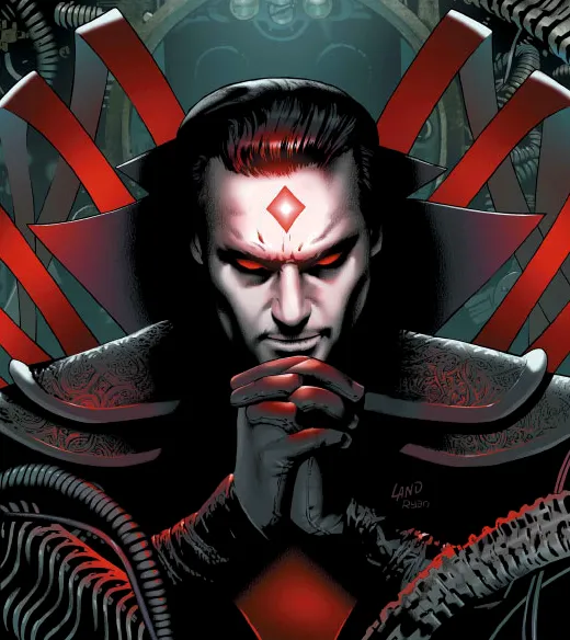 Mister Sinister close-up, red diamond glowing on his forehead
