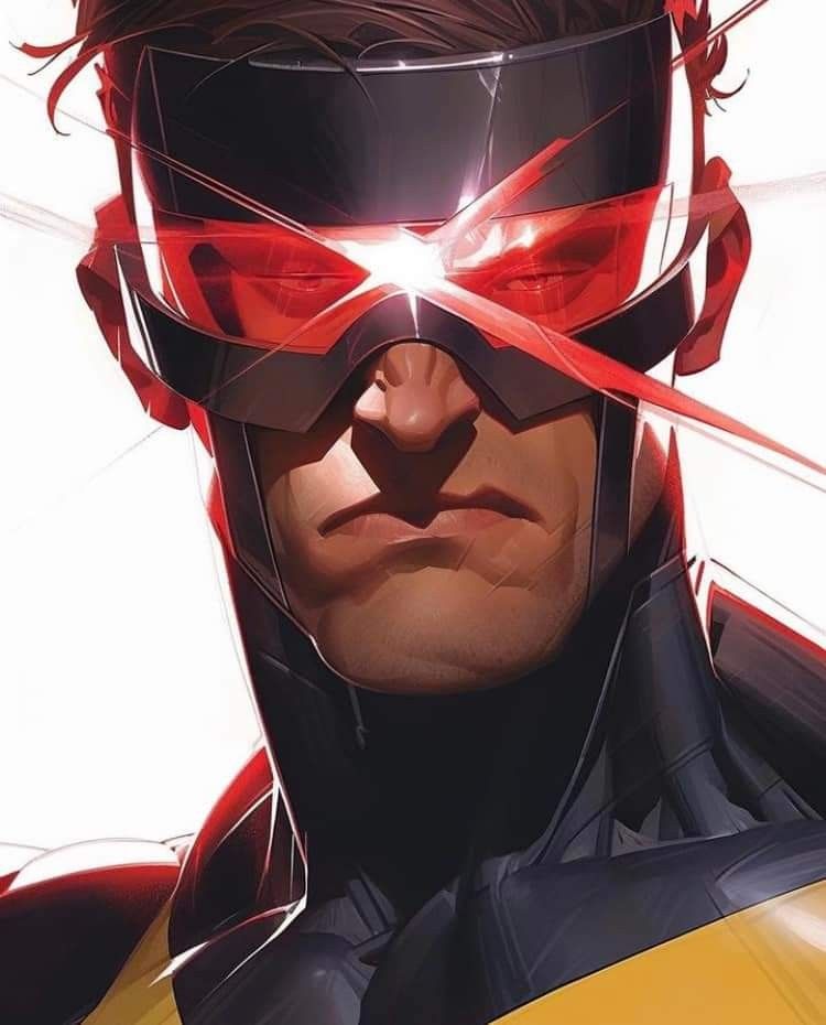 Cyclops close-up, ruby-quartz visor flaring