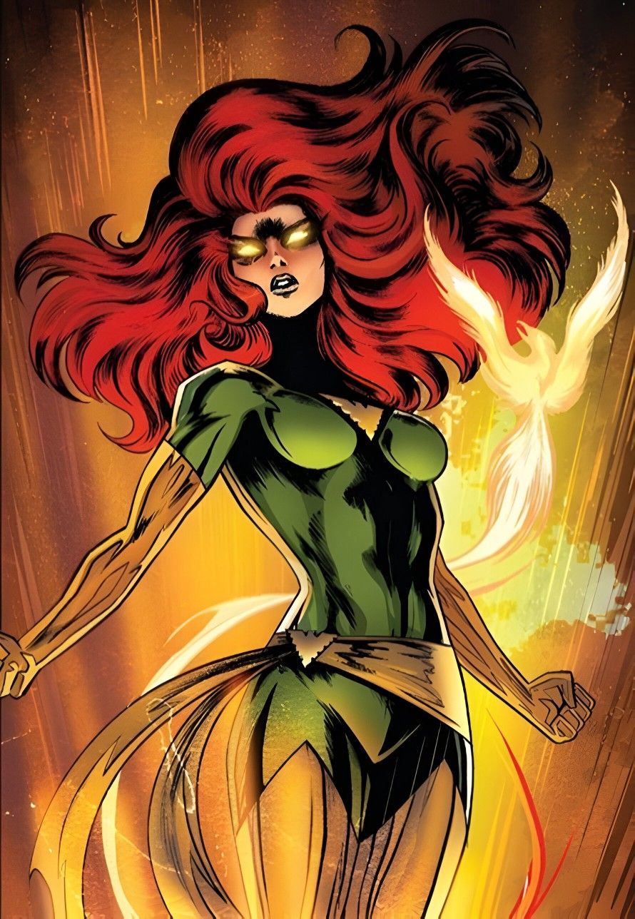 Jean Grey as Phoenix, red hair streaming, phoenix raptor beside her
