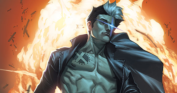 Nate Grey, white streak in his hair, glowing eye, X mark on his chest
