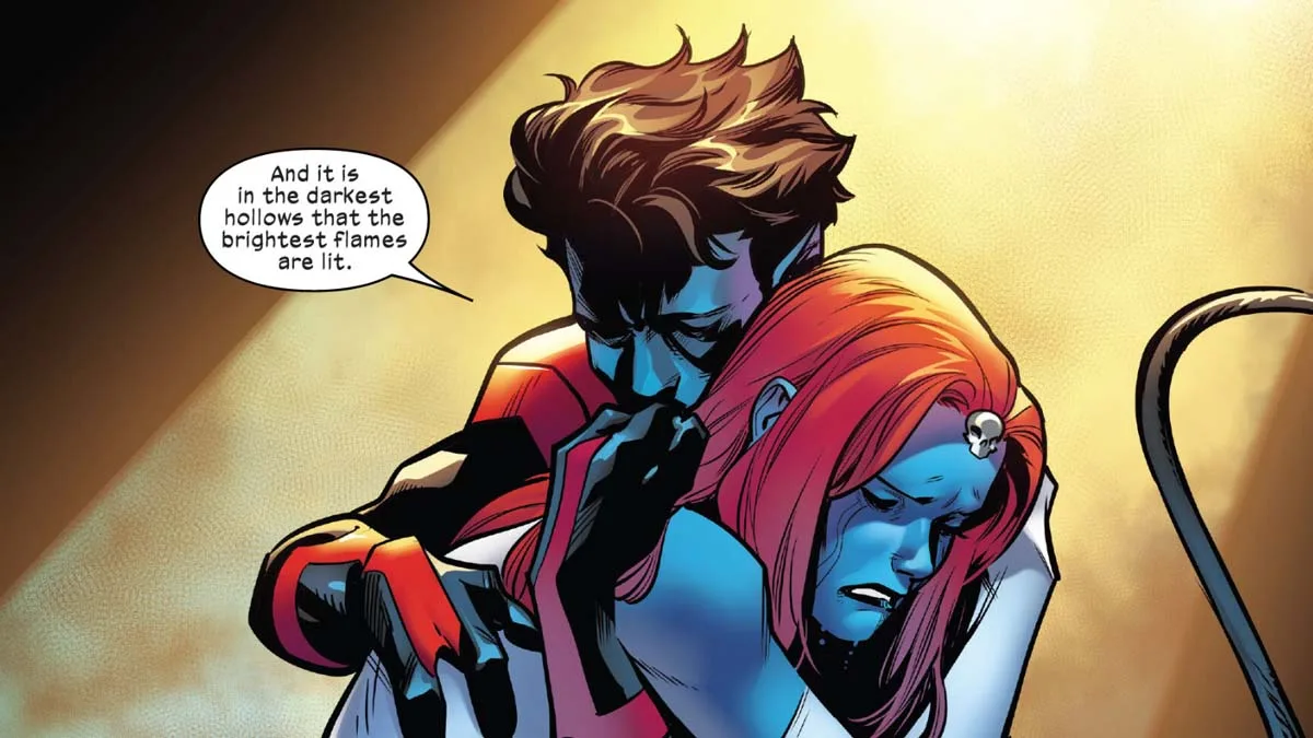 Interior panel from X-Men Blue: Origins #1: Nightcrawler holding Mystique with the caption 'And it is in the darkest hollows that the brightest flames are lit'